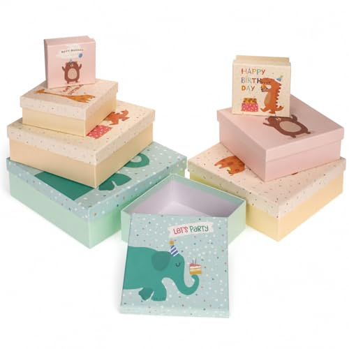 8-teiliges Set Geschenkschachteln Geschenkboxen Geschenkkarton, 8 Stück Geschenkkartonage Boxenset Weihnachten Geburtstag Hochzeit, ca. 22,5 x 22,5 x 8 cm (Mehrfarbig Tiere Geburtstag)