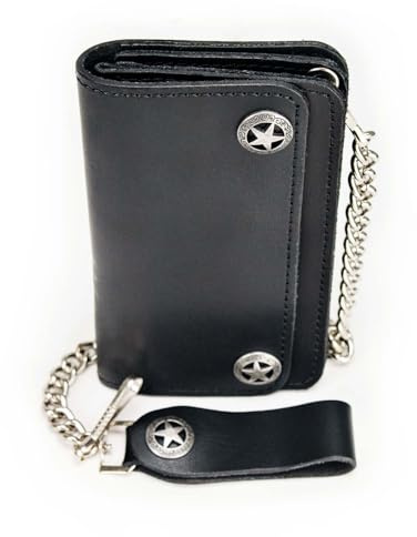 Milwaukee Leather MLW7824 Men's 6.25 Western Star Black Bi-Fold Leather Biker Wallet w/Anti-Theft Stainless Steel Chain - 6.25 Inch