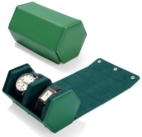 Papten Custodia Da Viaggio Per Orologi, Vera Pelle, 2 Rotoli Per Orologi, Organizer Protettivo Per Orologi Da Polso (verde)