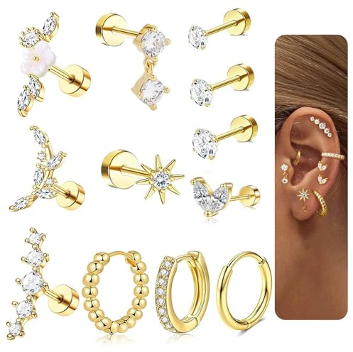 WOZNU Helix Ohrring Set Mit CZ Blume Chirurgenstahl Knorpel Piercing Damen Klein Creolen Gold Silber Conch Tragus Schmuck