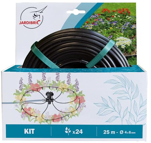 Jardibric - Kit goccia di polpo massiccio e orto - 25 m di micro tubo Ø6 mm - 1 testa 6 uscite Ø6 mm con picchetto - 18 gocciolatori regolabili 0-6 l/h in linea e fine linea