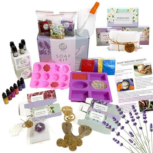 Seifenherstellungs-Set – 53-teiliges Schmelz- und Gießzubehör mit 0,9 kg Seifenbasis (0,5 kg Ziegenmilch + 0,5 kg Glycerin), Formen, ätherische Öle, flüssige Farbstoffe, Glimmerpulver, Blumen