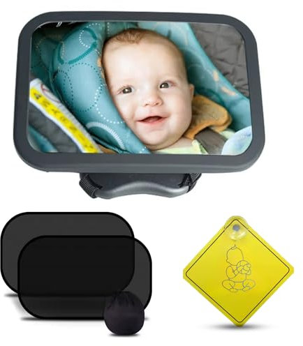 | BEBIKIS® SUPER PACK De Espejo Coche Para Bebe 100% IRROMPIBLE Para Asiento Trasero Con ROTACIÓN 360º + 2 Parasoles + Placa Baby On Board | Espejo Para Ver Al Bebé a Contramarcha En El Coche