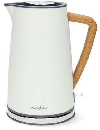 Nedis 1.7L Soft Touch Jug Kettle with Wood Effect Handle, Overheat Protection, Removeable Filter, 2.2KW - Matte Cotton White