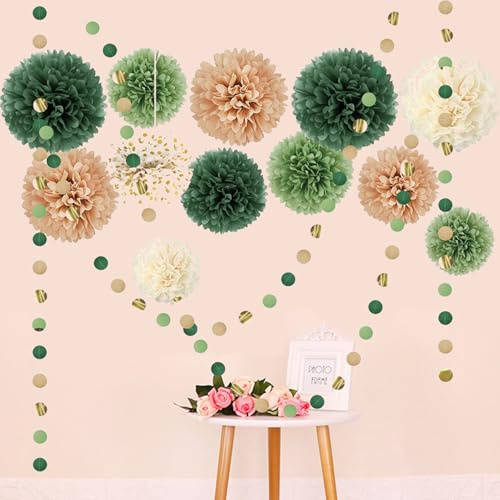 Party Deko Grün Salbeigrün Olivgrün Gold Seidenpapier Pom Poms Papierlaterne Deko Geburtstagsdeko Grün Hochzeitsdekoration Papier Girlande Hängende Dekoration für Verlobung Boho Hochzeit Babyparty