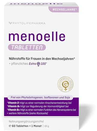 menoelle Wechseljahre Komplex Tabletten mit EstroG-100, hormonfrei, 60 Stk | Mit Vitamin B6, B12, D, Folsäure, Zink & Calcium – pflanzlich, vegan, ohne Soja und Isoflavone, made in Germany