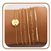Aretas Gold Bracelet for Women, 6PCS 14K Real Gold Plated Letter A-Z Stackable Jewelry Set for Adjustable 6+2