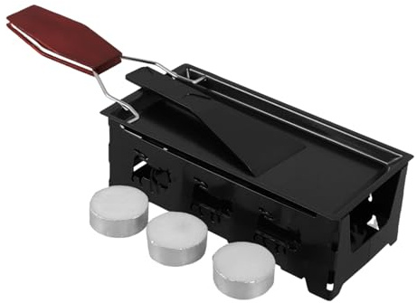UPKOCH Cheese Melter Pan Set Foldable Wooden Handle, Black Carbon Steel Griddle Frying Plate for Raclette Cheese Melting, Portable Baking Grill Kit 3 Candles for Outdoor Cooking