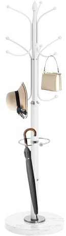 EZIVIEV Modern Coat Rack Stand, Metal Freestanding Coat Rack with Natural Marble Base, Heavy-Duty Coat Racks with Umbrella Holder,White Coat Hanger Stand with 12 Hooks for Office, Entryway, Hallway