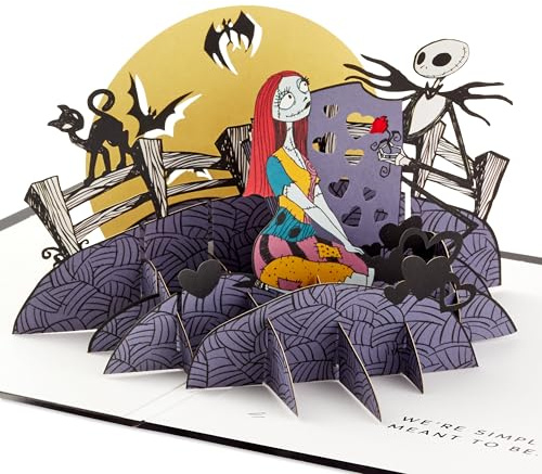 Hallmark Tarjeta de felicitación 3D y desplegable, Pesadilla antes de Navidad, Jack Skellington y Sally, cumpleaños, aniversario, día de San Valentín, negro, morado, amarillo