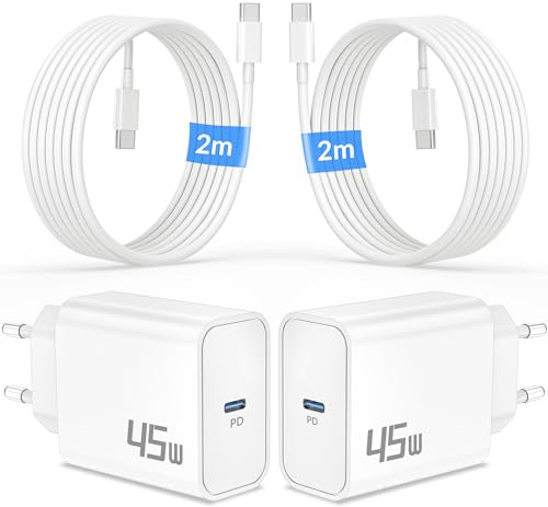 45W USB C Chargeur Rapide pour iPhone 17 16 15 Pro Max Plus, Samsung, Pixel | Pour 17e 16e, iPad Pro Air, Galaxy S26 S25 S24 Ultra, Google Pixel 10 9 8, Prise Adaptateur Secteur + 2M USB-C Câble, 2-Pack