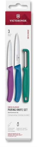 Victorinox Swiss Classic Set di coltelli per verdure con pelapatate, spelucchino e coltello per pomodori, 3 pezzi, lama diritta e seghettata, acciaio inox, Colorato
