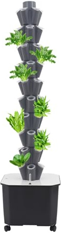 KAPIPALA Torre idroponica a 10 piani con ruote, 50 fori per piante HydroTower per Vertical Farming, con pompa dell'acqua e serbatoio dell'acqua per erbe, insalata, fragole (grigio, 45L)