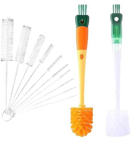 3 PCS 5in1 Water Bottle Brushes For Cleaning, 4in1 Water Bottle Brush Baby Multifunctional Cup Brushes, Green + Orange + 10-Piece Straw Cleaner or Bottle Tube Kettle Spout Cleaning