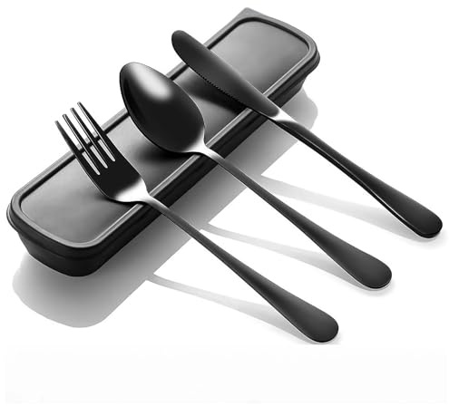 pclapora 4 Piezas Cubiertos Camping de Acero Inoxidable, Negro Cubierto para Llevar, Juego de Cubiertos para Acampar, Portátil Cubierto para Ilevar al Trabajo, para Acampar, Trabajo, Exterior, Viajes