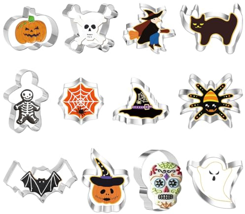 DOKRIN Moldes para galletas,12 cortadores de galletas de Halloween de acero inoxidable a presión (calabaza y murciélago)