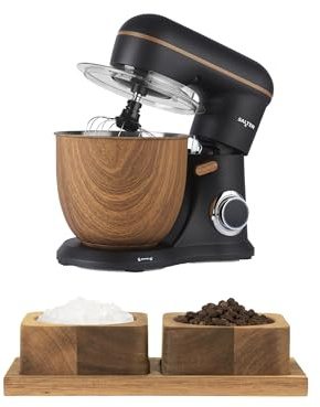 Salter Toronto Stand Mixer & Pinch Pots – 1300W Electric Food Mixer with 5L Stainless Steel Bowl, 10 Speeds & Pulse Function, Acacia Wood Salt Pig with Tray for Salt & Pepper, Black/Wooden Accents