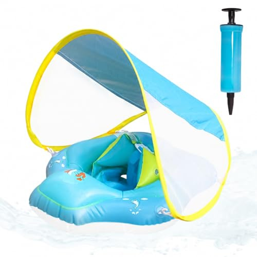 XIMEY Baby simring med soltak, simring för bebis från 3 månader, uppblåsbar baby simfloat med säkerhetssele & luftkammare, UV-skydd simhjälpmedel för pool & strand (L, L)