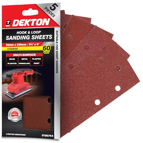 Dekton 5PC Hook and Loop Sanding Sheets 230mm/Extra Coarse - 60 Grit | Ideal for Sheet Sanders | Multi-Surface Use on Wood, Metal, Plaster, Plastics & Paint | Heavy-Duty Sanding Performance