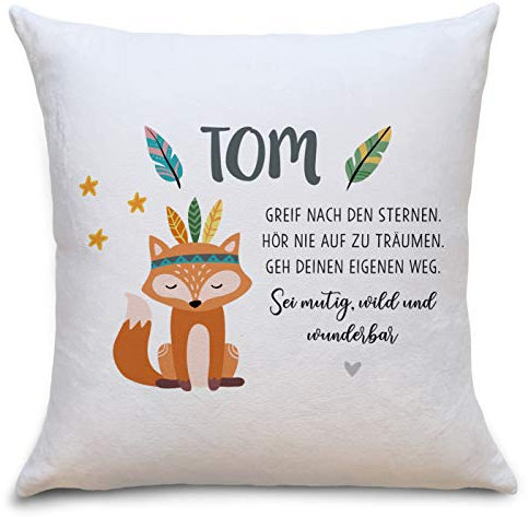 OWLBOOK® Kinder Kissen Fuchs | Personalisierte Geschenke Konfirmation Jugendweihe Kommunion Firmung Einschulung Geburt Baby Kind | Geburtstagsgeschenke Ostergeschenke für Kinder | Polster m.Füllung