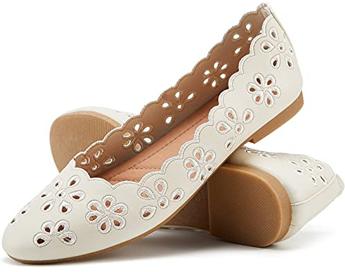 FRACORA Women's Ballet Flats Black PU Leather Dress Shoes Comfortable Round Toe Slip on Flats with Breathable Eyelets(Beige.US8.5)
