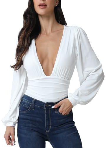 Weigou Women Jumpsuits Long Sleeve V Neck Pleated Loose Bodysuits Tops For Women Leotard Shirts (White(1), XL)
