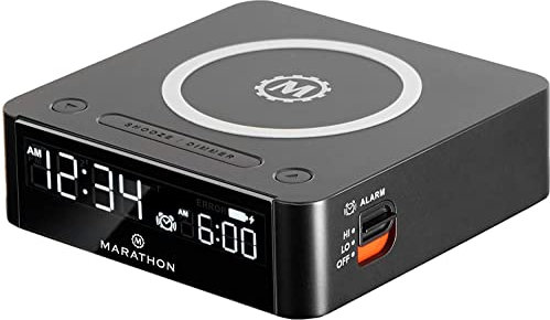 Marathon Bedside Clock with Wireless Charger Dock for Phone | Multi-colour LED Display & Backlit | Digital Alarm Clock | Qi Wireless Phone Charging & USB Port | A/C Power with Backup Battery.