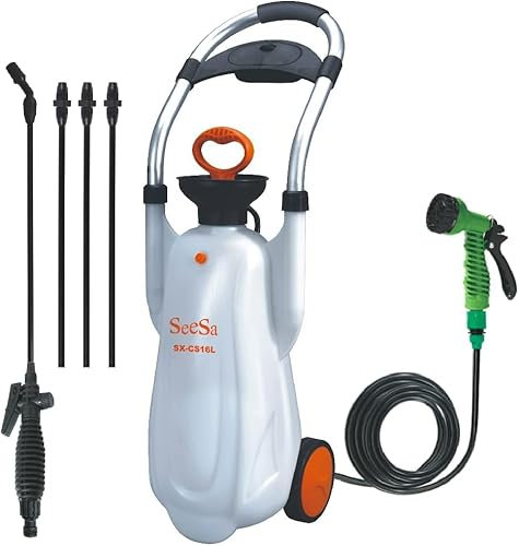 CLICIC 4.2 Gallon Pressure Sprayer with 7 Spray Modes, Camping Shower with 2 Sets Water Nozzles, Removable Hose and Shower Head for Camping Outdoor Spray Watering Traveling Hiking and Pet Bath