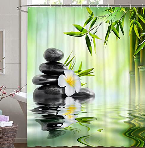 M&W DAS DESIGN Duschvorhang Bambus auf Wasser leichten Nebel reflektiert Textil Vorhang grün exotisch Stein Relax Schimmelresistent Bambusblatt Spa Ruhe inkl. 12 C-Ringe Gewicht unten