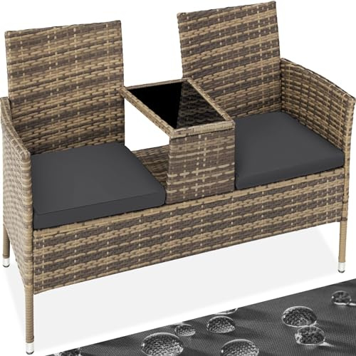 tectake® Trädgårdsbänk med Bord Konstrotting, Högkvalitativ Sittbänk för Trädgård, Balkong, Terrass, Lounge, Inkl. Bord med Glasplatta, Rottingmöbler, Mjuka Sittdynor, Utemöbler - Natur/Mörkgrå