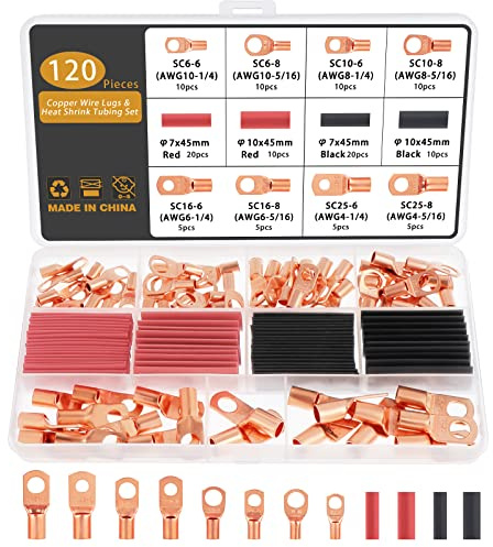 Gueenky 120 Pièces Cosse a Sertir 6/10/16/25mm², 8 Tailles M6 M8 Cosse Batterie a Sertir, Cosse Electrique Cosses Tubulaires SC Bornes Cosses de Câble à Anneau Cuivre avec Gaines Thermorétractables