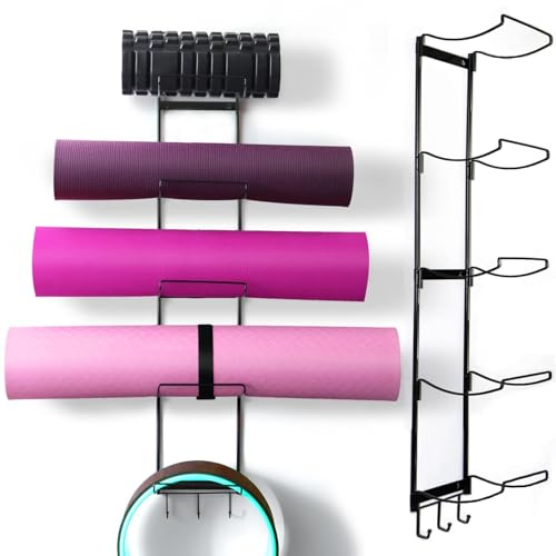 MRZZATA Support mural pour tapis de yoga à 5 niveaux, support de rangement en métal pour tapis de yoga/roues, organiseur mural avec 3 crochets pour suspendre une sangle d'étirement et des bandes de