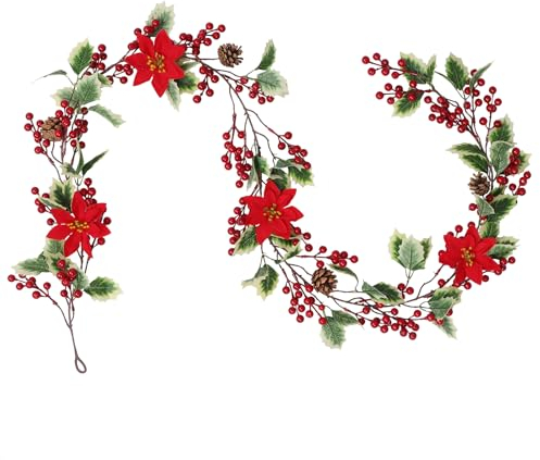 Weldomcor Guirlande Noel Guirlande Sapin Noel Artificiel, Couronne Sapin Vert Arbre avec Pommes de Pin Fleurs Rouges pour Chambre Porte Mur Fenêtre Escalier Cheminée