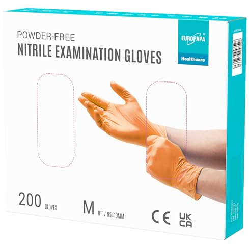 EUROPAPA® 200x Einweghandschuhe Nitrilhandschuhe puderfrei Untersuchungshandschuhe EN455 EN374 latexfrei Einmalhandschuhe Handschuhe in Gr. S, M, L & XL verfügbar (M, Orange)