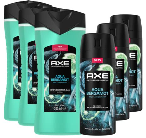 AXE Fine Fragrance Collection Bodyspray und Duschgel Aqua Bergamot Bodywash Deo mit 2x mehr Frische-Booster 6 Stück (2x3)