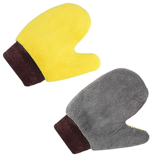 Loopunk 2 Sets Yellow gray Professional Scratch Free Polishing Cleaning Mitts,Double-sided coral fleece gloves,Automobile cleaning tool,Car wash gloves.Used for car cleaning.(Yellow gray)