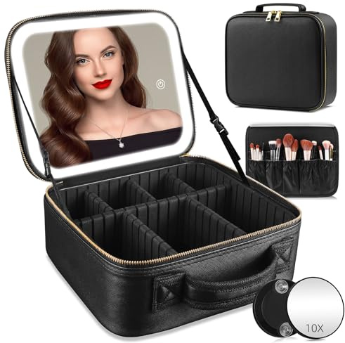 Travel Makeup Bag Cosmetic Bag Make up Organizer Bag with Large Lighted Mirror 3 Color Modes Adjustable Brightness, Waterproof PU Leather Makeup Travel Case Makeup Train Case Toiletry Gift Accessories