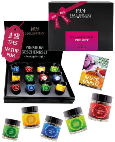 Hallingers Genuss Manufaktur Tee Geschenk-Set - 12 Sorten premium loser Tee Probierset in edler Geschenkbox mit Rezept-Booklet Klassisches Tee..., Geschenkidee für Frauen Männer