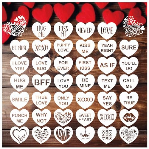 40pcs Conversation Hearts Cookie Stencils or Letter Happy Valentines Day Stencils for Cookies, Baking Decor with Heart Love Phrase Sign Crafts Painting Stencil Reusable (40 Hert)