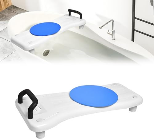 UISEBRT Planche de bain avec plaque tournante, siège de baignoire pour personnes âgées, siège de baignoire avec poignée et porte-savon, longueur 70 cm, blanc et noir