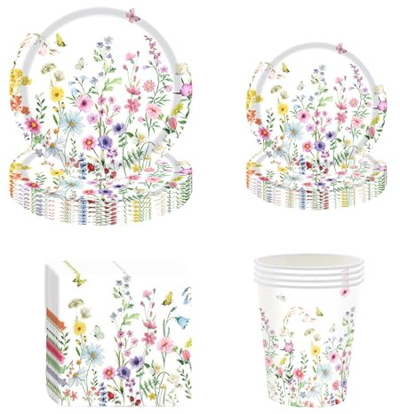 Party Tableware Set,68 Pcs Flower Party Plates Cups and Napkins Birthday Paper Plates Napkins Cups Set,Baby Shower Party Plate Napkinss for Spring Picnic Wedding Partys Supplies