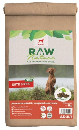 RAW Nature Adult Ente Trockenfutter – 1kg, kaltgepresst, Monoprotein | 100% Muskelfleisch, sehr hoher Fleischanteil, getreidefrei, ohne künstliche Zusätze, für alle Rassen & sensible Hunde