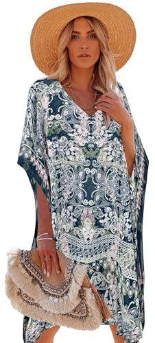 breezy lane Vestido caftán de playa para mujer, para traje de baño, diseño floral, ropa de centro turístico, Estampado verde., talla única