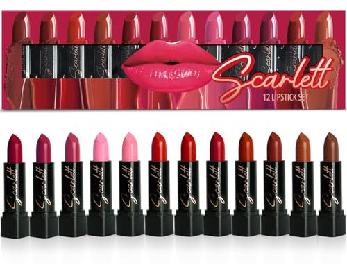 Set di rossetti Scarlett - 12 rossetti full size arricchiti con vitamina E e cera d'api, altamente pigmentati, tonalità alla moda, formula nutriente, applicazione morbida