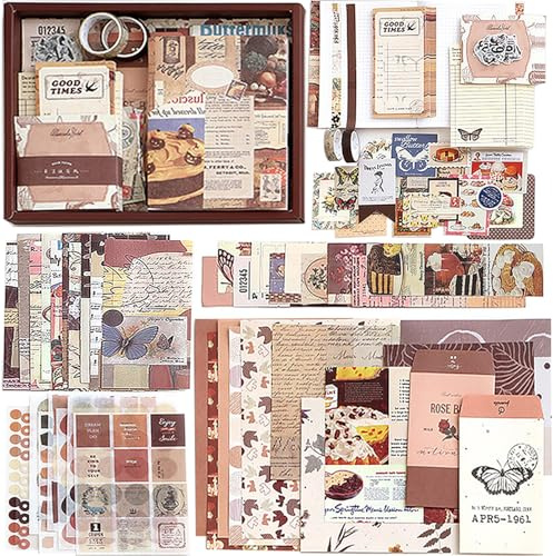 BetterJonny 346Pcs Ästhetisches Bullet Journal Set, Ästhetisches Scrapbook Zubehör Set Scrapbooking Papier mit A6 Raster Notizbuch Scrapbooking Aufkleber DIY Geschenk für Teenager Mädchen, Vintage
