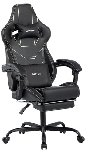 WOTSTA Gaming Stuhl Ergonomisch Gaming Chair Bürostuhl mit Fußstütze Racing Computerstuhl Höhenverstellbar Gepolstert Computerstuhl Lendenwirbelstütze Schwarz