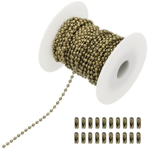 PATIKIL 10m/32.8ft Catena a Sfera con Perline, Catena di Trazione in Acciaio Inossidabile da 2mm con 20 Connettori per Catena di Etichette, Anelli Portachiavi, Bronzo