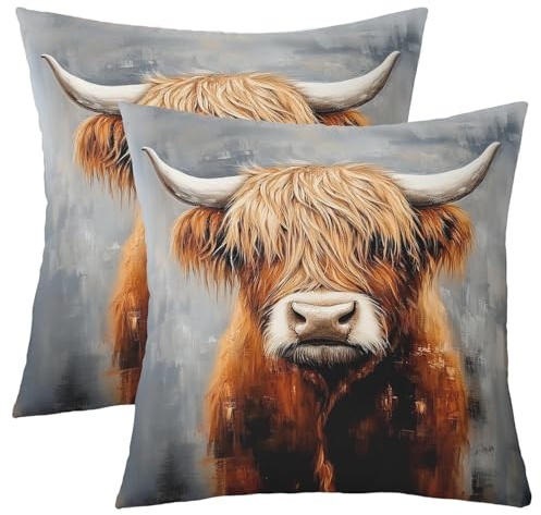 Homemissing Highland Cow Reversible Throw Pillow Covers 45x45cm Highland Cattle Pillow Covers Home Decor Animal Square Cushion Covers Set of 2 Wildlife Outdoor Pillows Covers Grey Orange