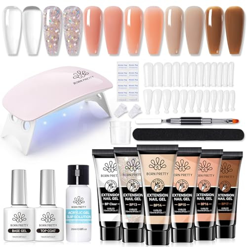 Born Pretty Startset med polygel och UV-lampa, set med sex naglar i polygel, sex färger, transparent vitt, rosa nude, nagelförlängning, bas- och topplack, slip solution