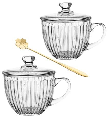 Tazze da caffè in vetro con coperchio, tazze da caffè trasparenti con cucchiaio, set di bicchieri per bar, 425,2 g, bicchiere per cappuccino, bevande calde e fredde, 2 pezzi
